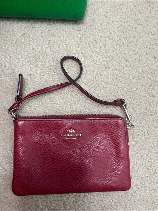 Coach Handbags - COACH Burgundy Leather Wristlet Clutch with Gold Logo